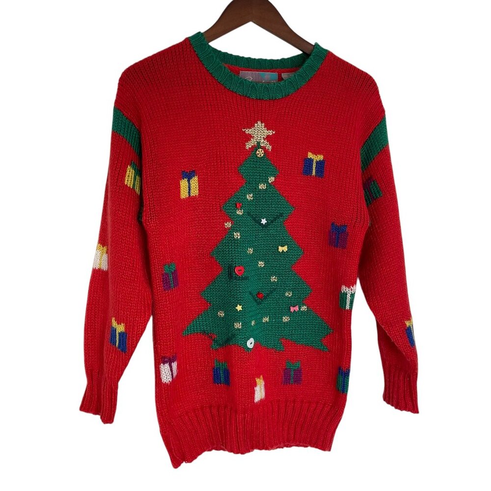 Vintage 80s Pinwheels Ugly Christmas Sweater Small Red Embellished Tree Crewneck